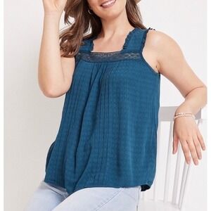 Maurice's Lace Trim Square NeckTank Top Blouse Plus Size 1X Blue Trendy Straps #